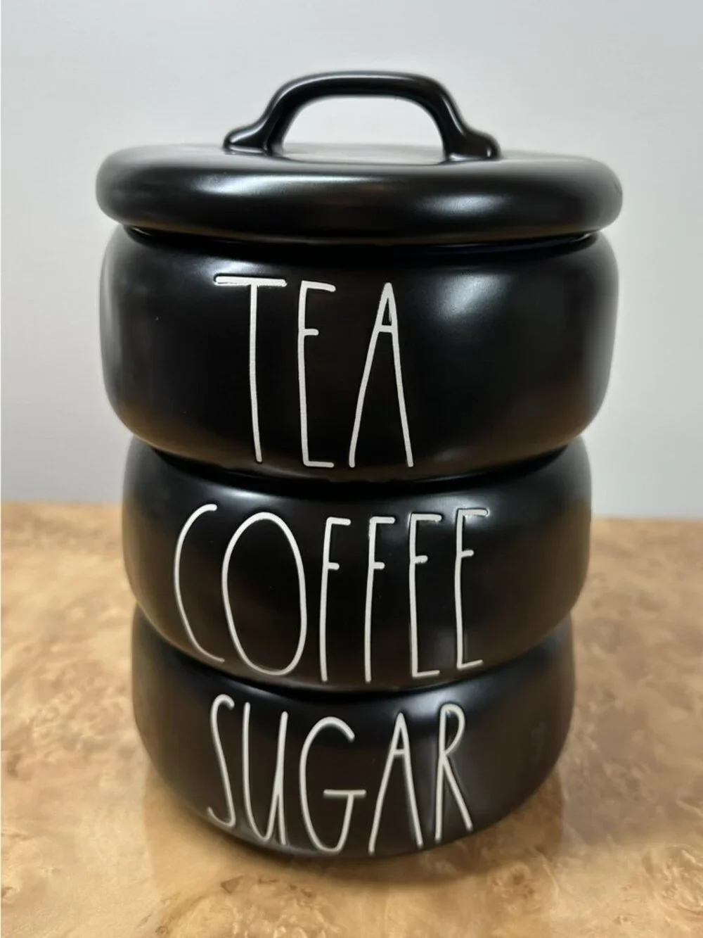 Rae Dunn Black Stackable COFFEE TEA SUGAR Ceramic Canister Set Magenta